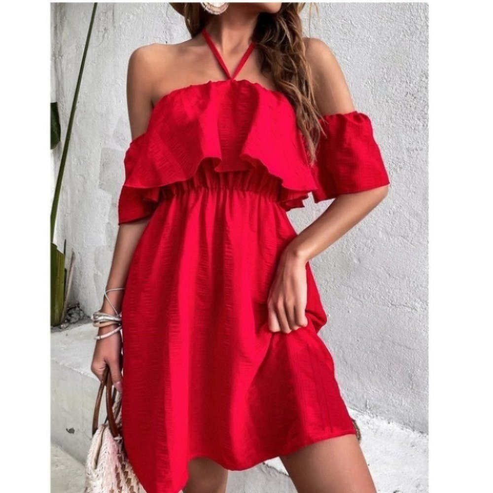 Tie Back Off Shoulder Ruffle Trim Dress - Picture 1 of 9